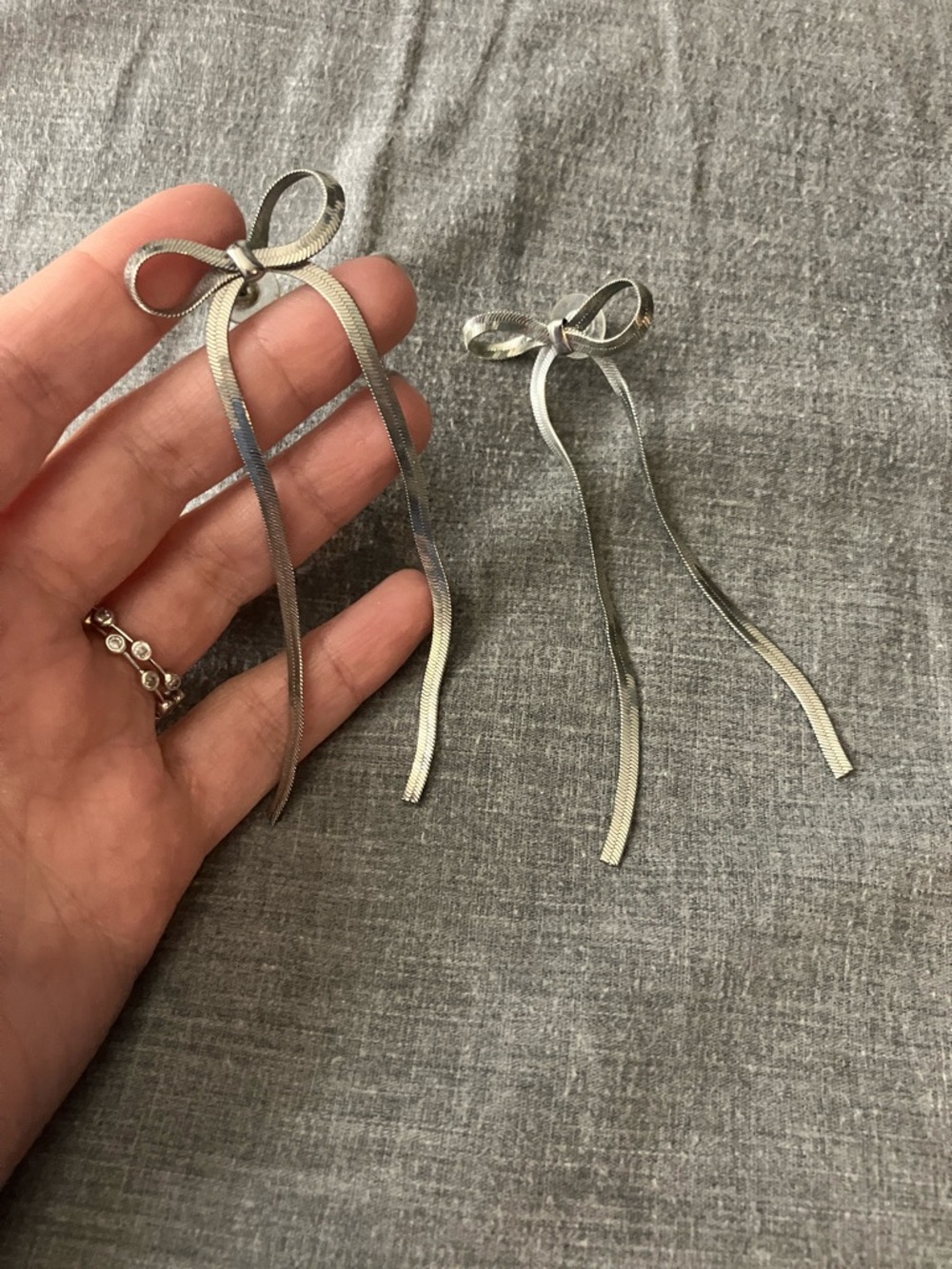 Silver Bow Ribbon Drop Earrings - Picture 2 of 2
